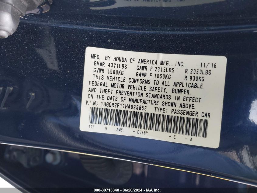 1HGCR2F11HA095853 | 2017 HONDA ACCORD