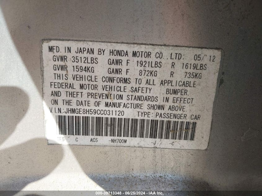 2012 Honda Fit Sport VIN: JHMGE8H59CC031120 Lot: 39713348