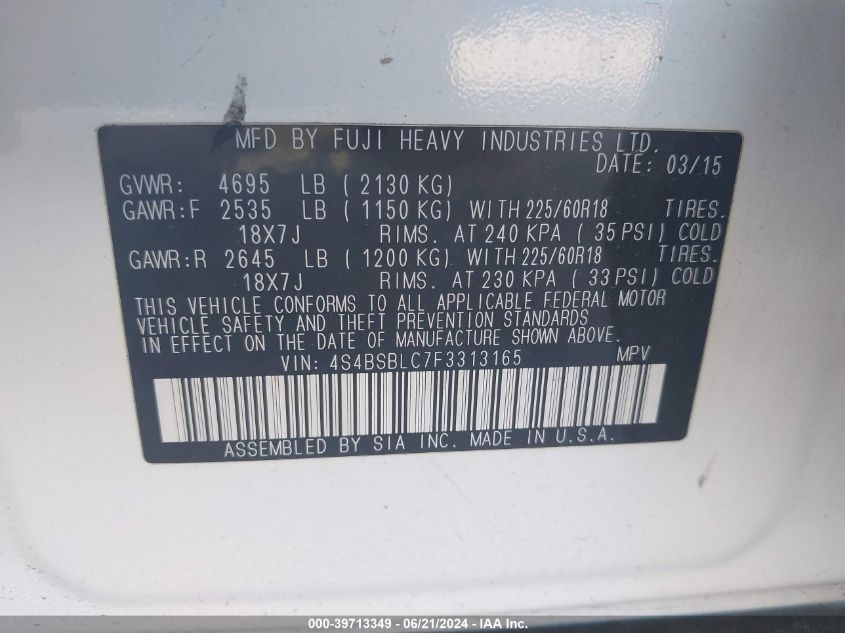 2015 Subaru Outback 2.5I Limited VIN: 4S4BSBLC7F3313165 Lot: 39713349