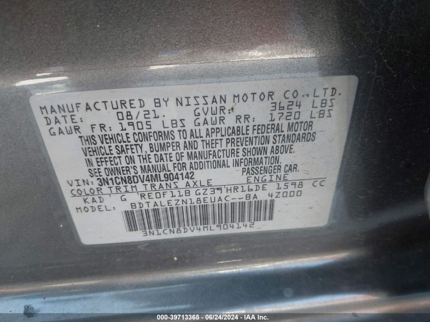 2021 Nissan Versa S Xtronic Cvt VIN: 3N1CN8DV4ML904142 Lot: 39713365