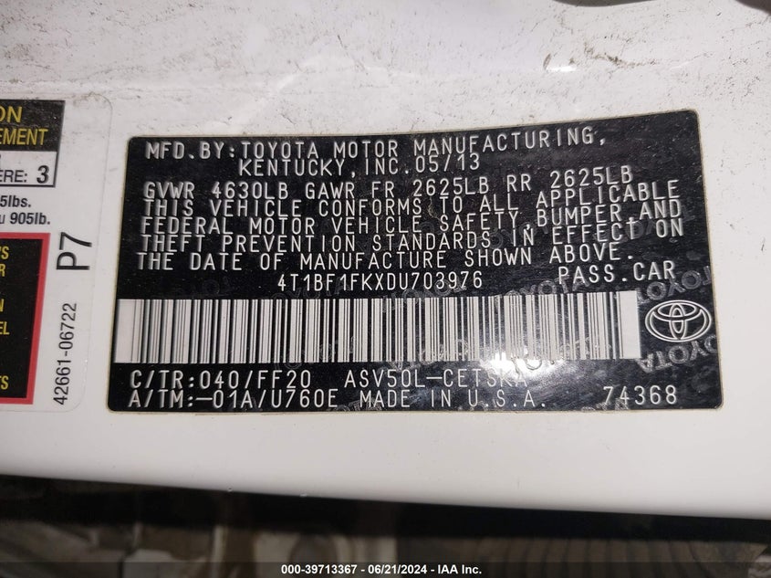 2013 Toyota Camry L/Se/Le/Xle VIN: 4T1BF1FKXDU703976 Lot: 39713367