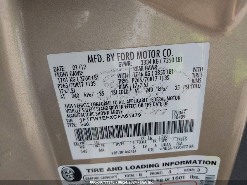 2012 Ford F-150 Xlt VIN: 1FTFW1EFXCFA61479 Lot: 39713376