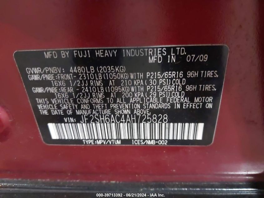 2010 Subaru Forester 2.5X VIN: JF2SH6AC4AH725828 Lot: 39713392