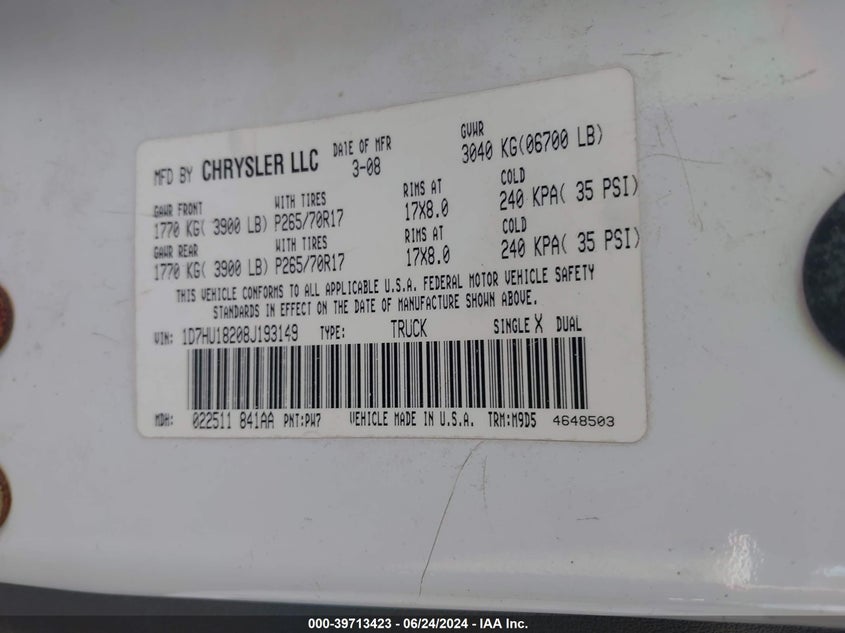 2008 Dodge Ram 1500 Slt VIN: 1D7HU18208J193149 Lot: 39713423