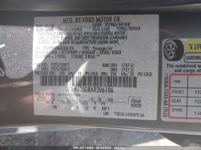 2010 Ford Fusion Sel VIN: 3FAHP0JG8AR306106 Lot: 39713424