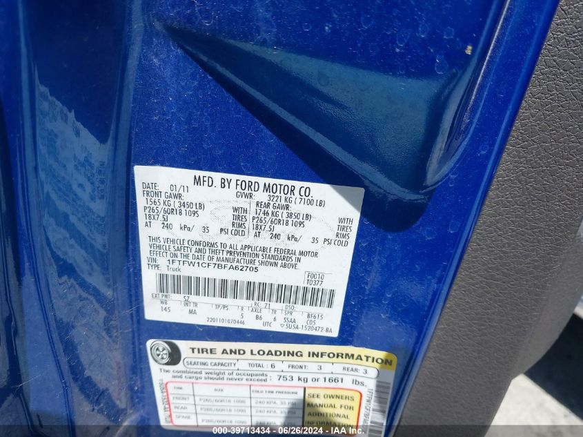 2011 Ford F-150 Xlt VIN: 1FTFW1CF7BFA62705 Lot: 39713434