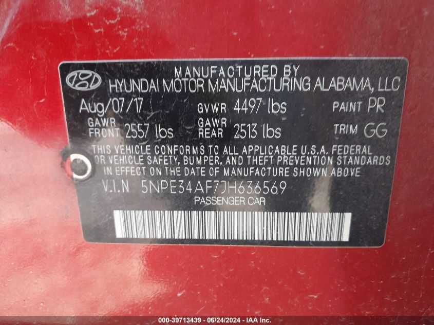 2018 Hyundai Sonata Sel VIN: 5NPE34AF7JH636569 Lot: 39713439