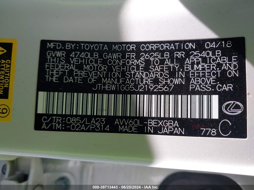 2018 Lexus Es 300H VIN: JTHBW1GG5J2192567 Lot: 39713443