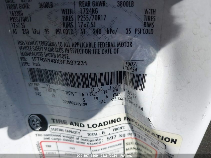 2009 Ford F150 Supercrew VIN: 1FTRW148X9FA97231 Lot: 39713460