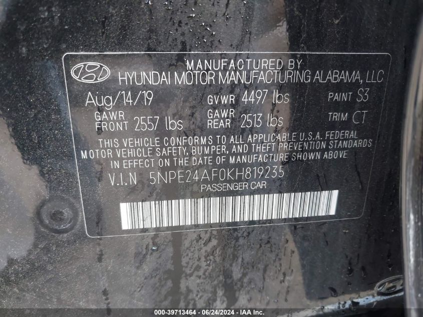 5NPE24AF0KH819235 2019 Hyundai Sonata Se