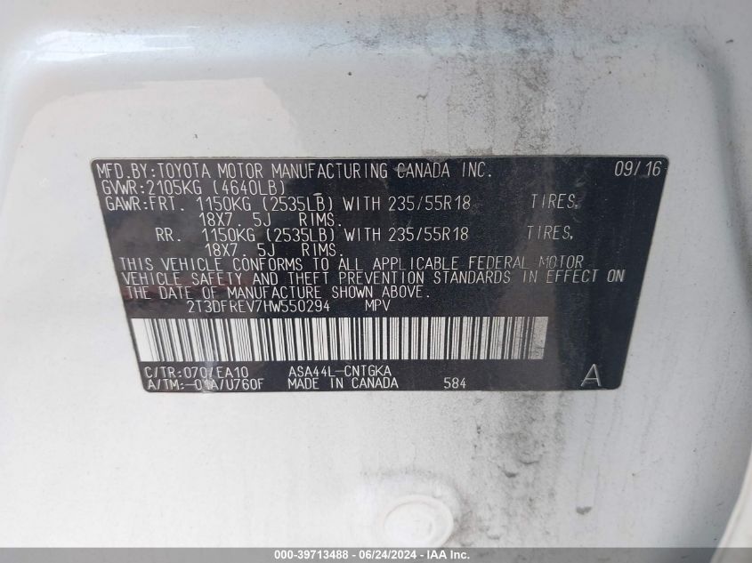 2017 Toyota Rav4 Platinum VIN: 2T3DFREV7HW550294 Lot: 39713488