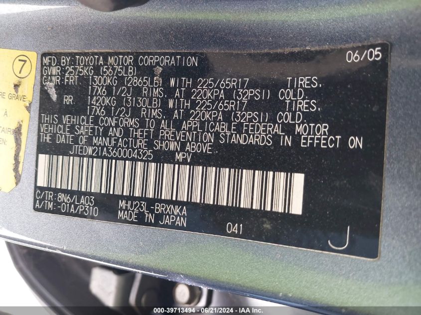 2006 Toyota Highlander Hybrid Limited V6 VIN: JTEDW21A360004325 Lot: 39713494