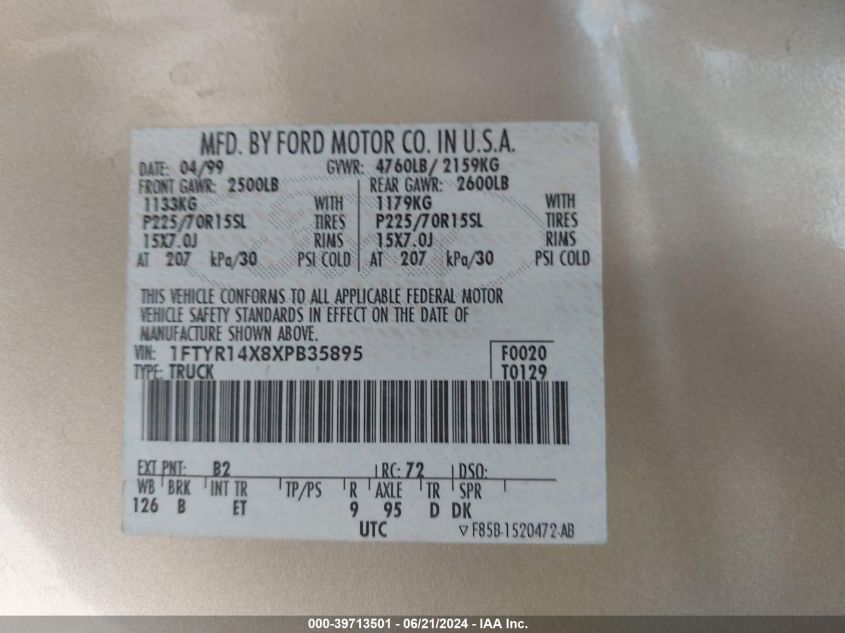 1999 Ford Ranger Xlt VIN: 1FTYR14X8XPB35895 Lot: 39713501