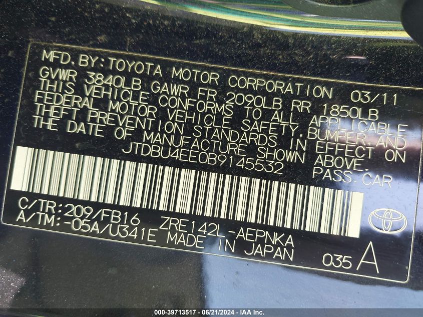 2011 Toyota Corolla Le VIN: JTDBU4EE0B9145532 Lot: 39713517