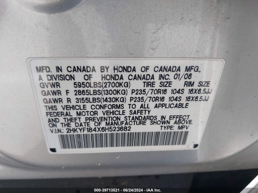 2006 Honda Pilot Ex VIN: 2HKYF184X6H523682 Lot: 39713521