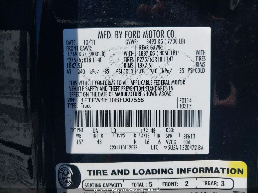 2011 Ford F-150 Lariat VIN: 1FTFW1ET0BFD07556 Lot: 39713542