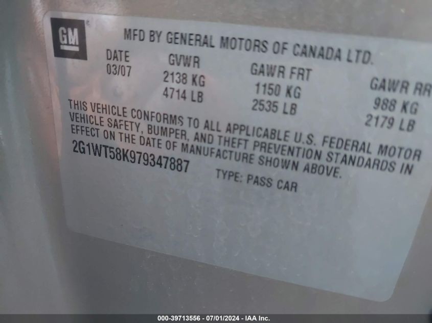 2007 Chevrolet Impala Lt VIN: 2G1WT58K979347887 Lot: 39713556