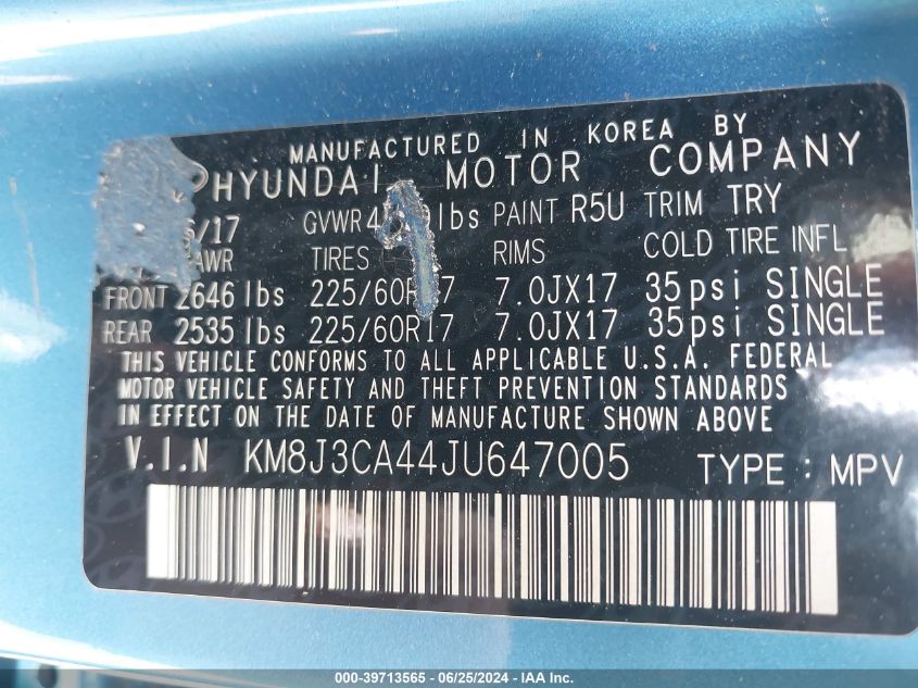 2018 Hyundai Tucson Sel VIN: KM8J3CA44JU647005 Lot: 39713565