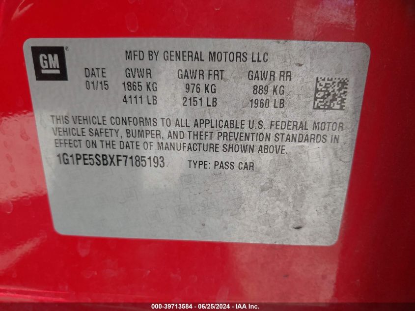 2015 Chevrolet Cruze 2Lt Auto VIN: 1G1PE5SBXF7185193 Lot: 39713584