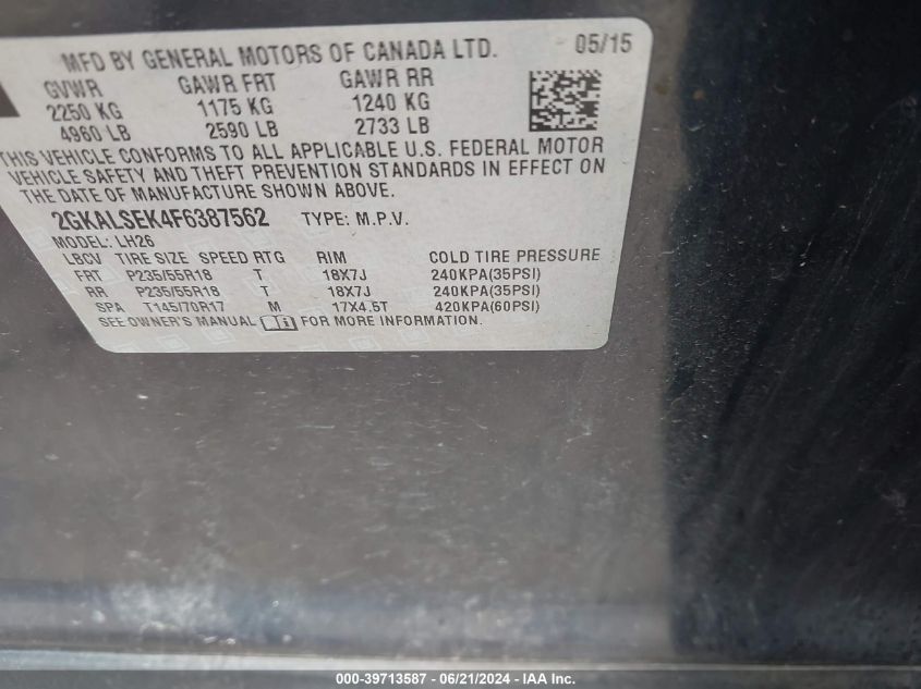 2015 GMC Terrain Slt-1 VIN: 2GKALSEK4F6387562 Lot: 39713587