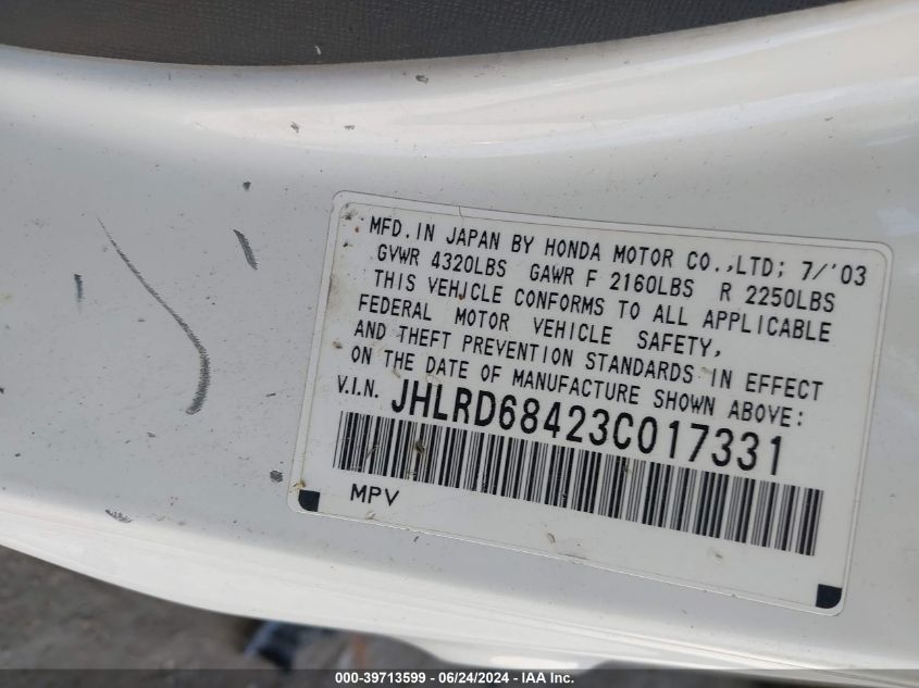 2003 Honda Cr-V Lx VIN: JHLRD68423C017331 Lot: 39713599
