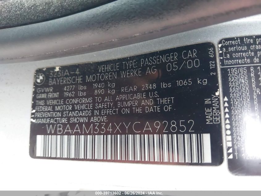 2000 BMW 323I I VIN: WBAAM334XYCA92852 Lot: 39713602