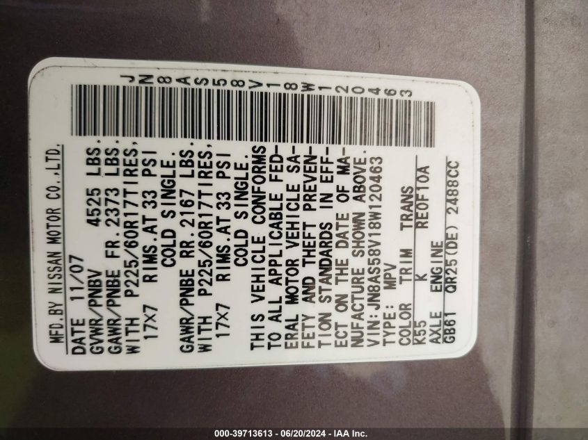 2008 Nissan Rogue Sl VIN: JN8AS58V18W120463 Lot: 39713613