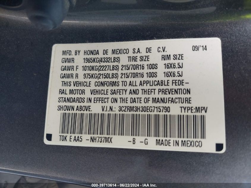 2014 Honda Cr-V Lx VIN: 3CZRM3H30EG715790 Lot: 39713614