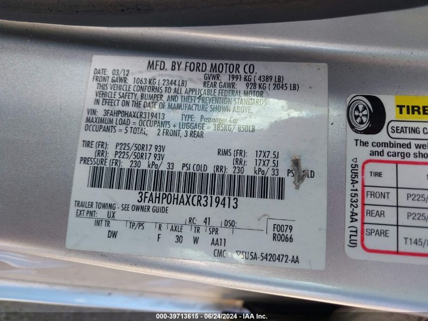 2012 Ford Fusion Se VIN: 3FAHP0HAXCR319413 Lot: 39713615