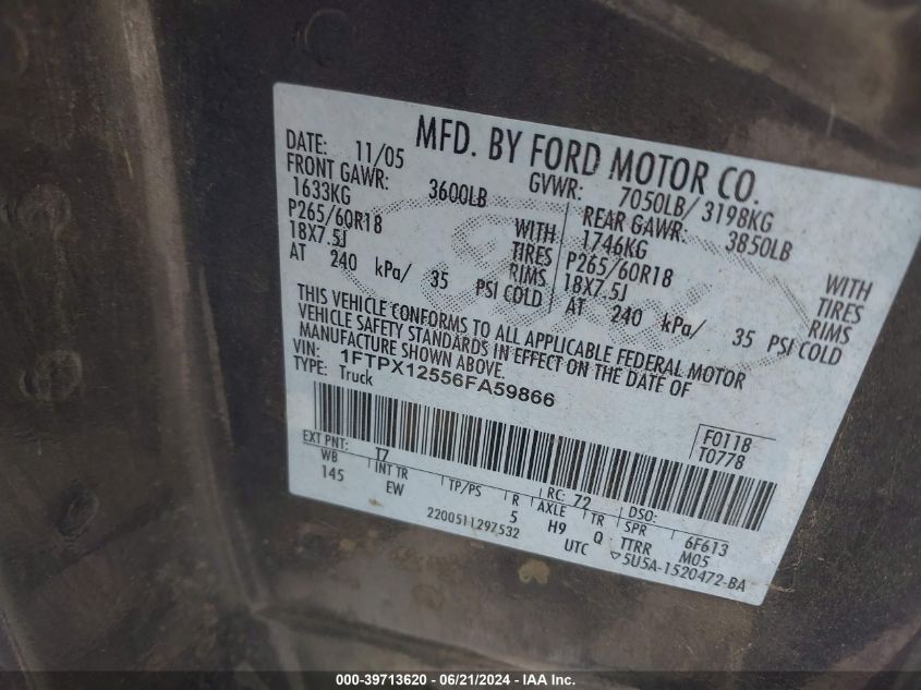 2006 Ford F150 VIN: 1FTPX12556FA59866 Lot: 39713620