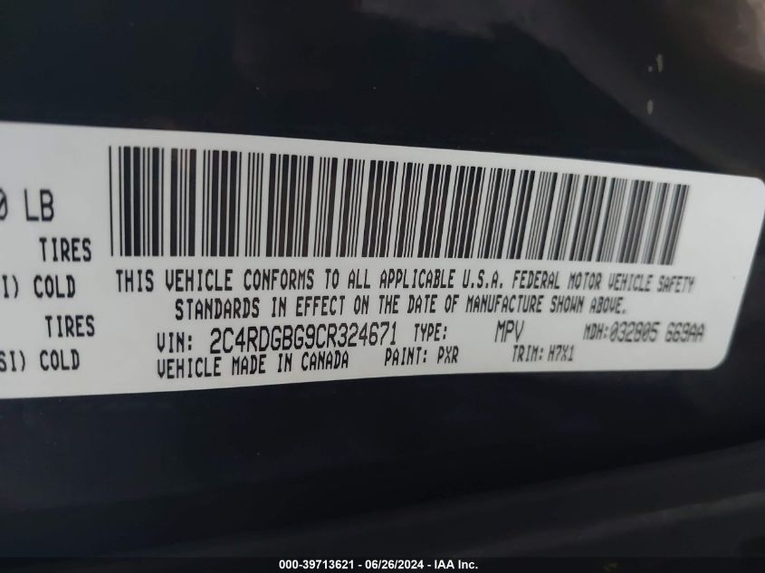 2012 Dodge Grand Caravan Se/Avp VIN: 2C4RDGBG9CR324671 Lot: 39713621