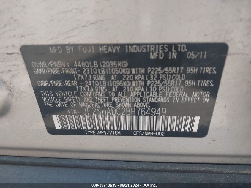2011 Subaru Forester 2.5X Premium VIN: JF2SHADC2BH764949 Lot: 39713639