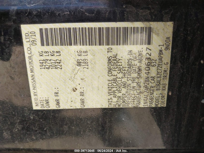 2011 Nissan Altima 2.5 S VIN: 1N4AL2AP2BN406327 Lot: 39713645