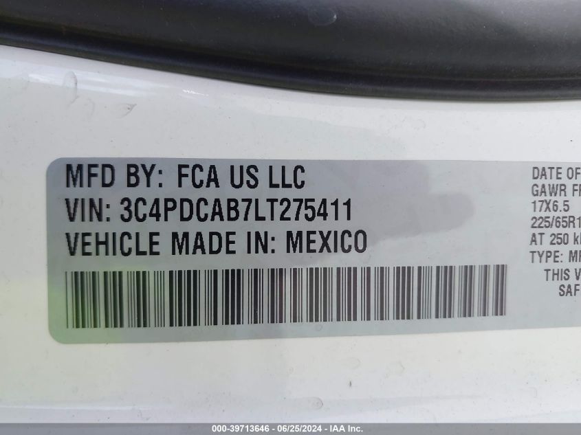 2020 Dodge Journey Se Value VIN: 3C4PDCAB7LT275411 Lot: 39713646