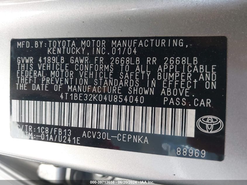 2004 Toyota Camry Le VIN: 4T1BE32K04U854040 Lot: 39713658