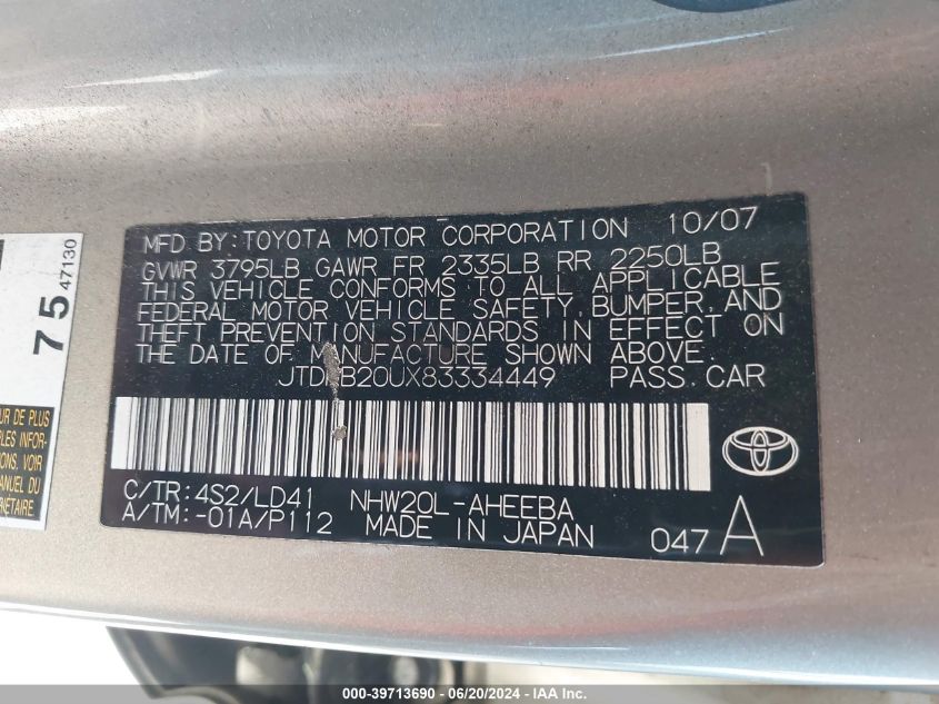 2008 Toyota Prius VIN: JTDKB20UX83334449 Lot: 39713690