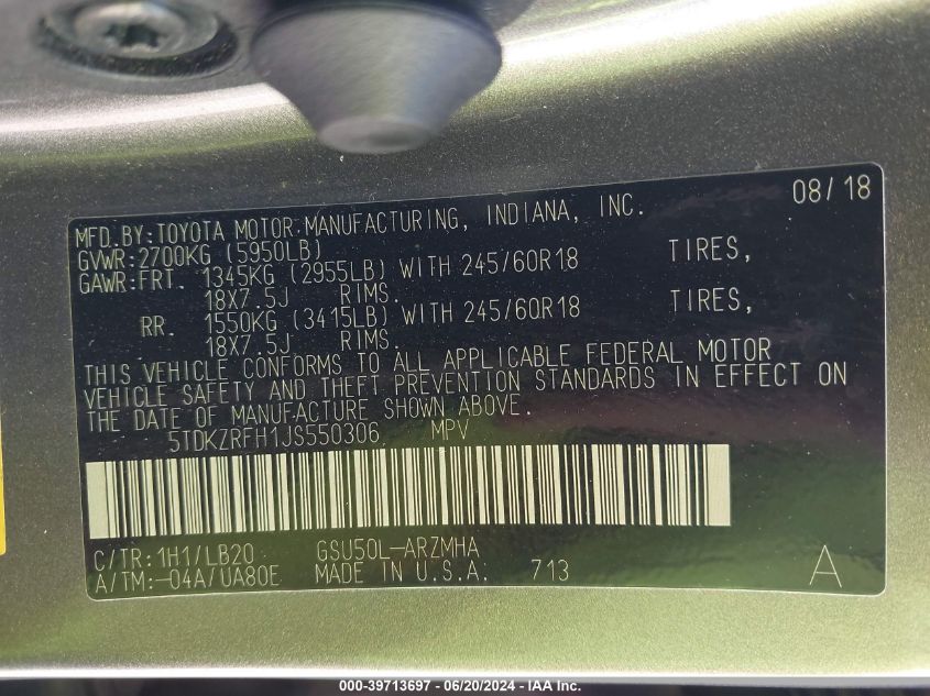 2018 Toyota Highlander Xle VIN: 5TDKZRFH1JS550306 Lot: 39713697
