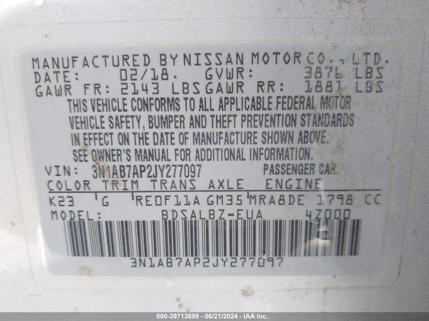 2018 Nissan Sentra S VIN: 3N1AB7AP2JY277097 Lot: 39713699