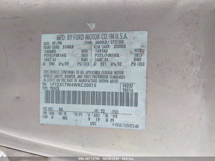 1998 Ford F-150 Lariat/Standard/Xl/Xlt VIN: 1FTZX17W4WKC20015 Lot: 39713700