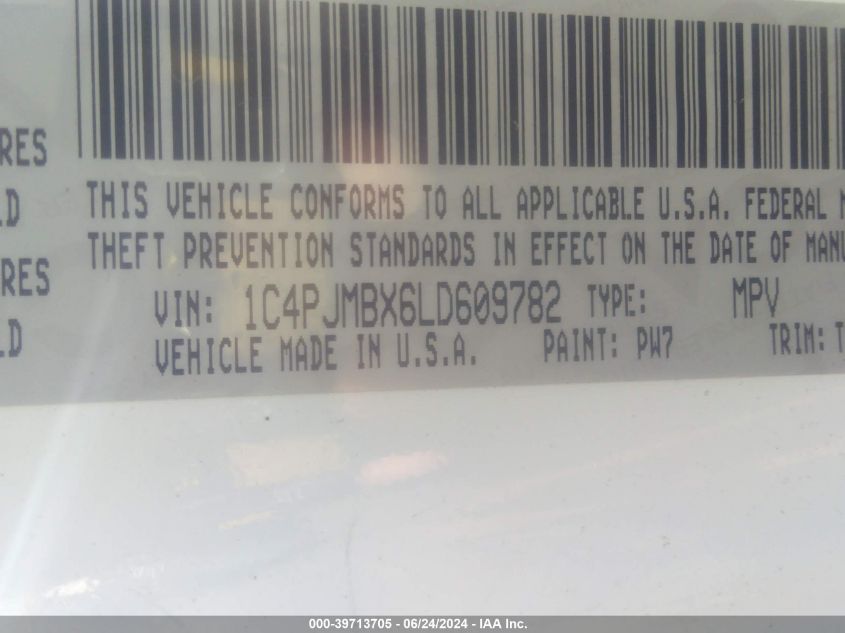 2020 Jeep Cherokee Trailhawk 4X4 VIN: 1C4PJMBX6LD609782 Lot: 39713705