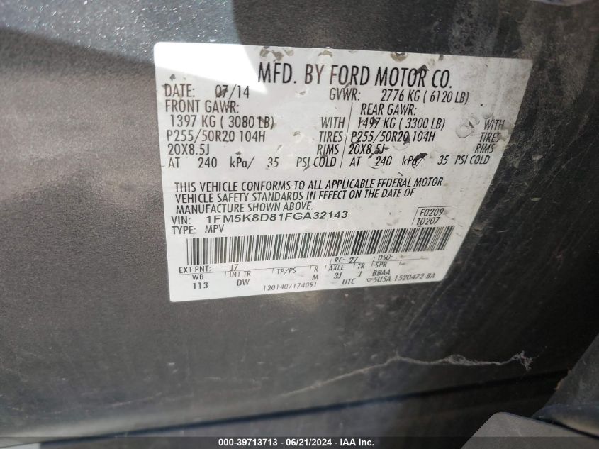 2015 Ford Explorer Xlt VIN: 1FM5K8D81FGA32143 Lot: 39713713