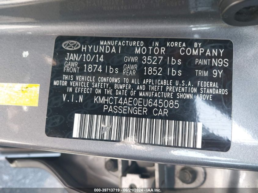 2014 Hyundai Accent Gls VIN: KMHCT4AE0EU645085 Lot: 39713719