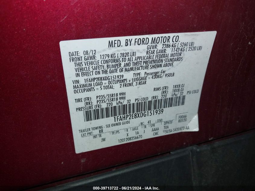 2013 FORD TAURUS SEL - 1FAHP2E8XDG151939