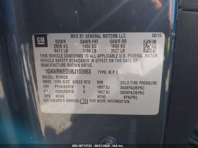 2011 GMC Acadia Sl VIN: 1GKKRNED9BJ100963 Lot: 39713723