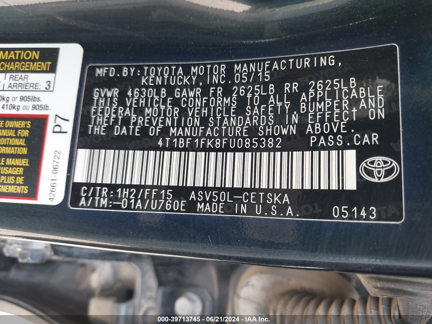 2015 Toyota Camry Xse VIN: 4T1BF1FK8FU052382 Lot: 39713745