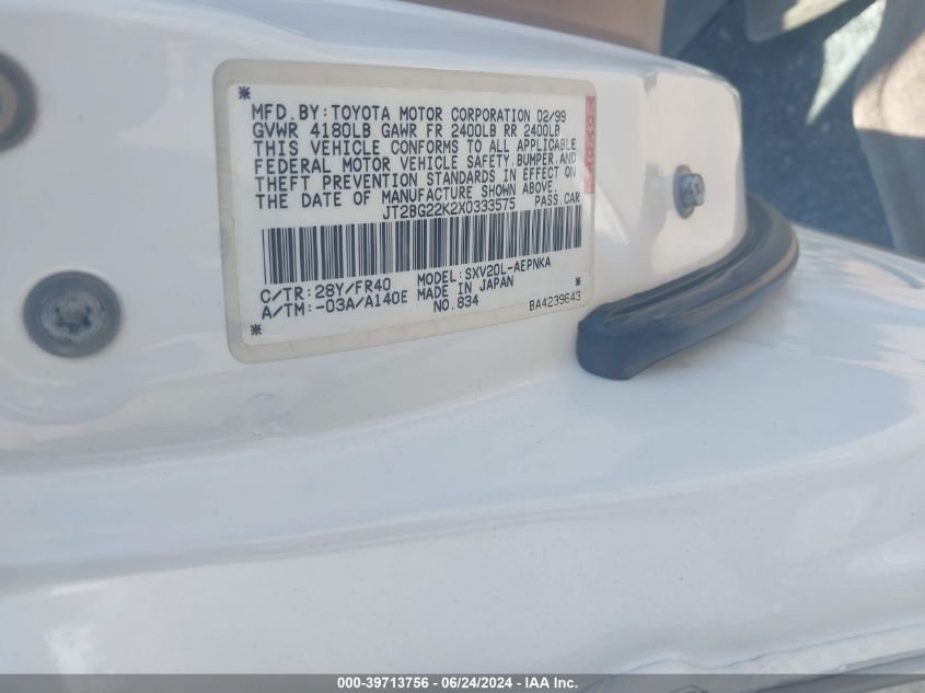 1999 Toyota Camry Le VIN: JT2BG22K2X0333575 Lot: 39713756