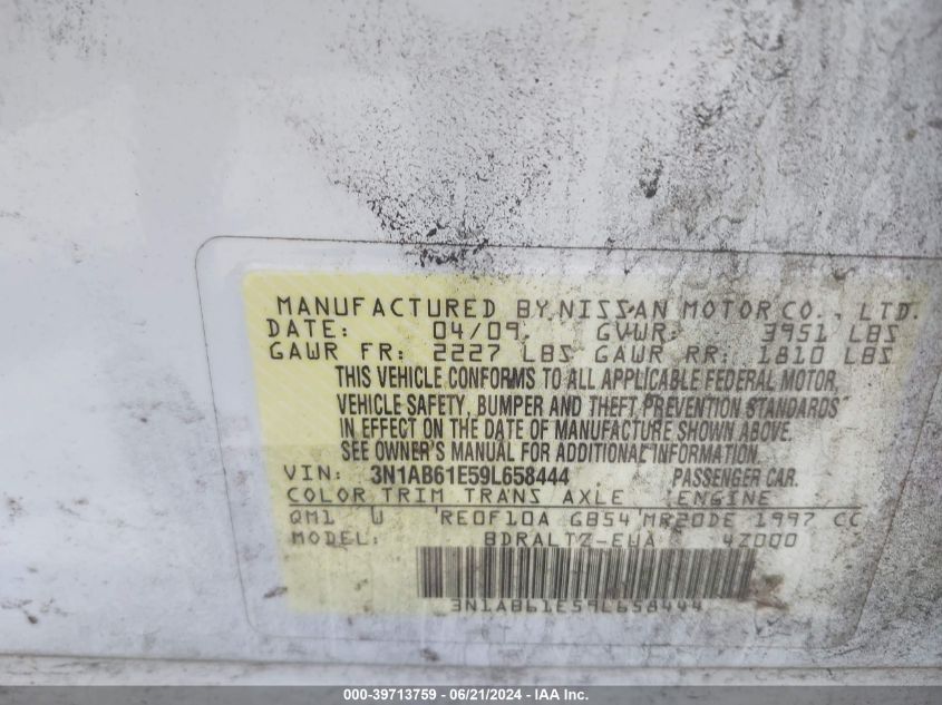 2009 Nissan Sentra 2.0S VIN: 3N1AB61E59L658444 Lot: 39713759