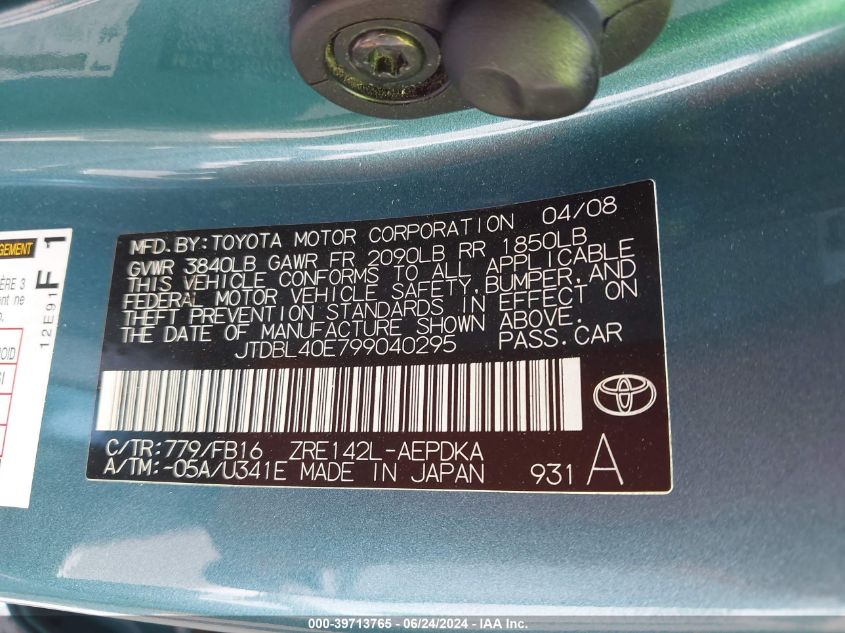 2009 Toyota Corolla Le VIN: JTDBL40E799040295 Lot: 39713765