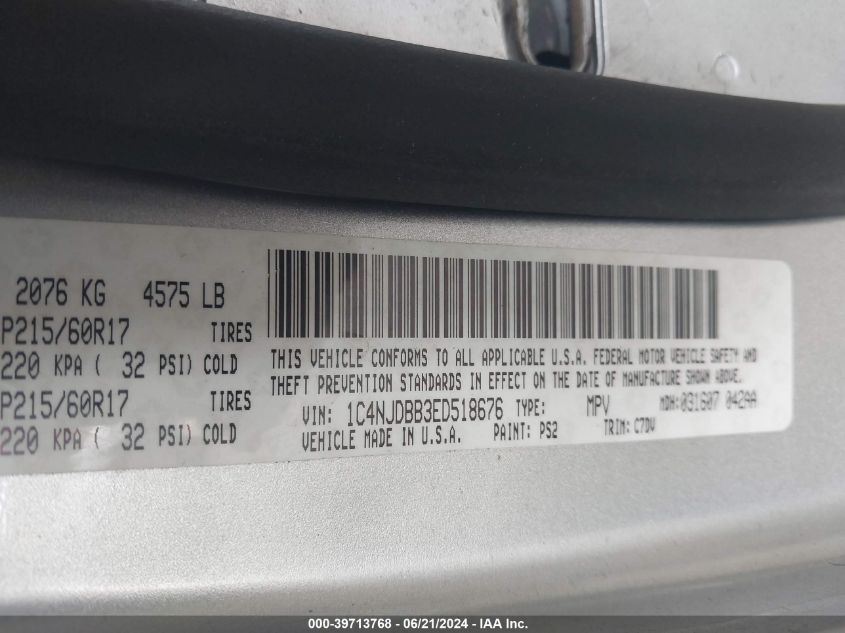 2014 Jeep Compass Sport VIN: 1C4NJDBB3ED518676 Lot: 39713768