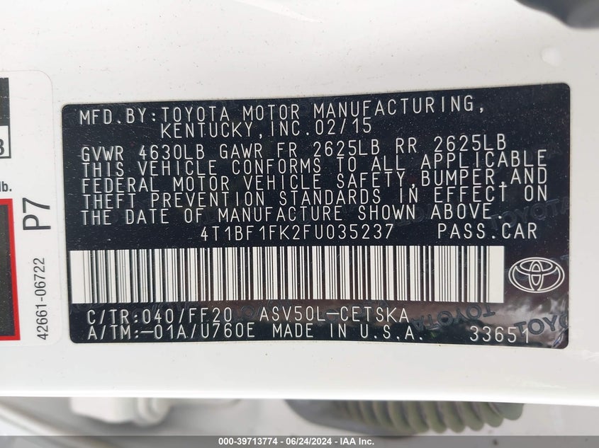 2015 Toyota Camry Se VIN: 4T1BF1FK2FU035237 Lot: 39713774